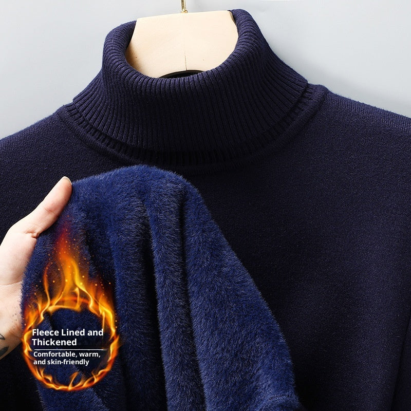 Men's Versatile Knitted Turtleneck Solid Color With Fur Sweater